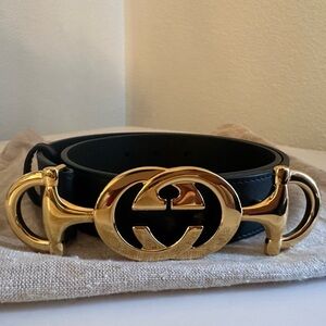 Gucci Interlocking Horse Bit Leather Belt Black